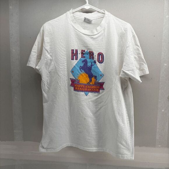 Vintage 80s Cowboy Bronco HERO Happy Endings Really Occur Shirt Mens Large - Picture 3 of 7